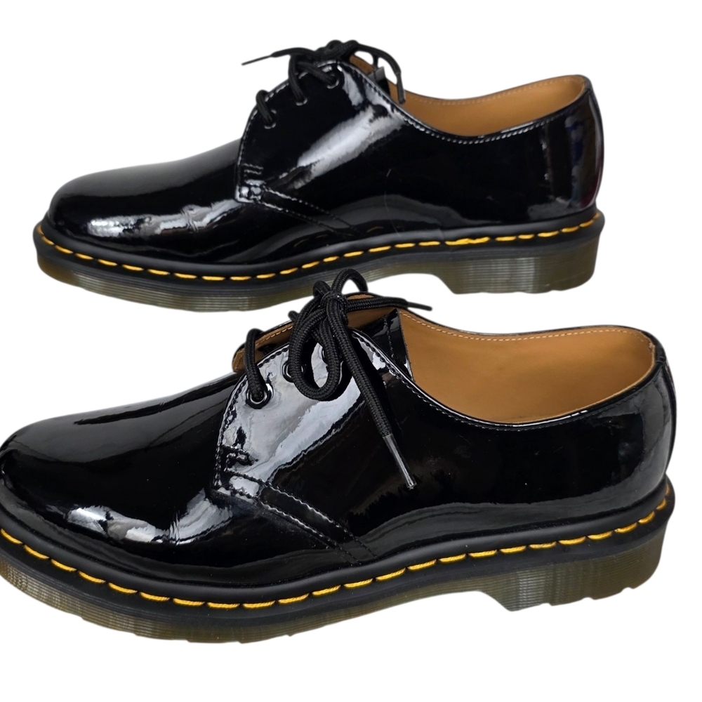 Dr. Martens Black Patent Leather 3-Eye Shoe with Yellow Stitching - Picture 3 of 12